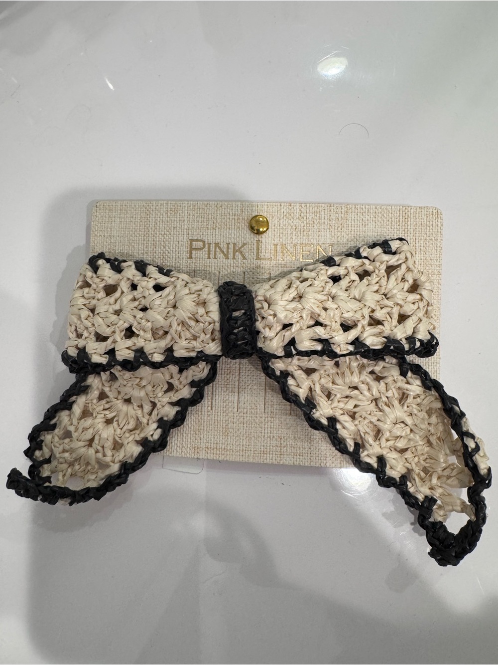 Cream Crochet Bow Hair Clip with Black Trim